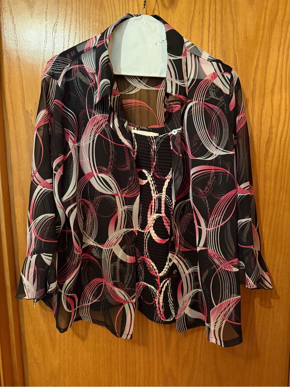 dressbarn Black Sheer Blouse with Pink & White Circle Print XL